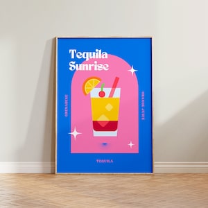 Tequila Sonnenaufgang Druck, Retro Cocktail Poster, Helle bunte Wandkunst, Küchendeko, Esszimmer Kunst, Cocktail Drucke, Blau Rosa Poster