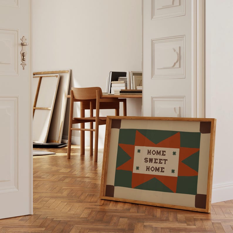 Decoración de pared para pasillo, lámina "Hogar dulce hogar", arte de pared retro con patchwork, arte de pared de entrada de estilo folclórico moderno de mediados de siglo, lámina retro para sala de estar imagen 3