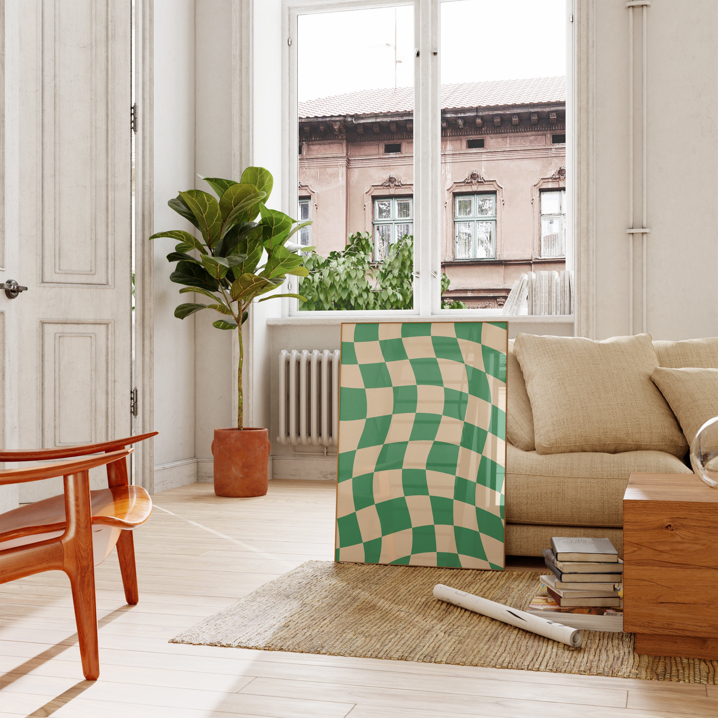 Checkered Print, Retro Green Checked Print, Wavy Print, Checkered ...