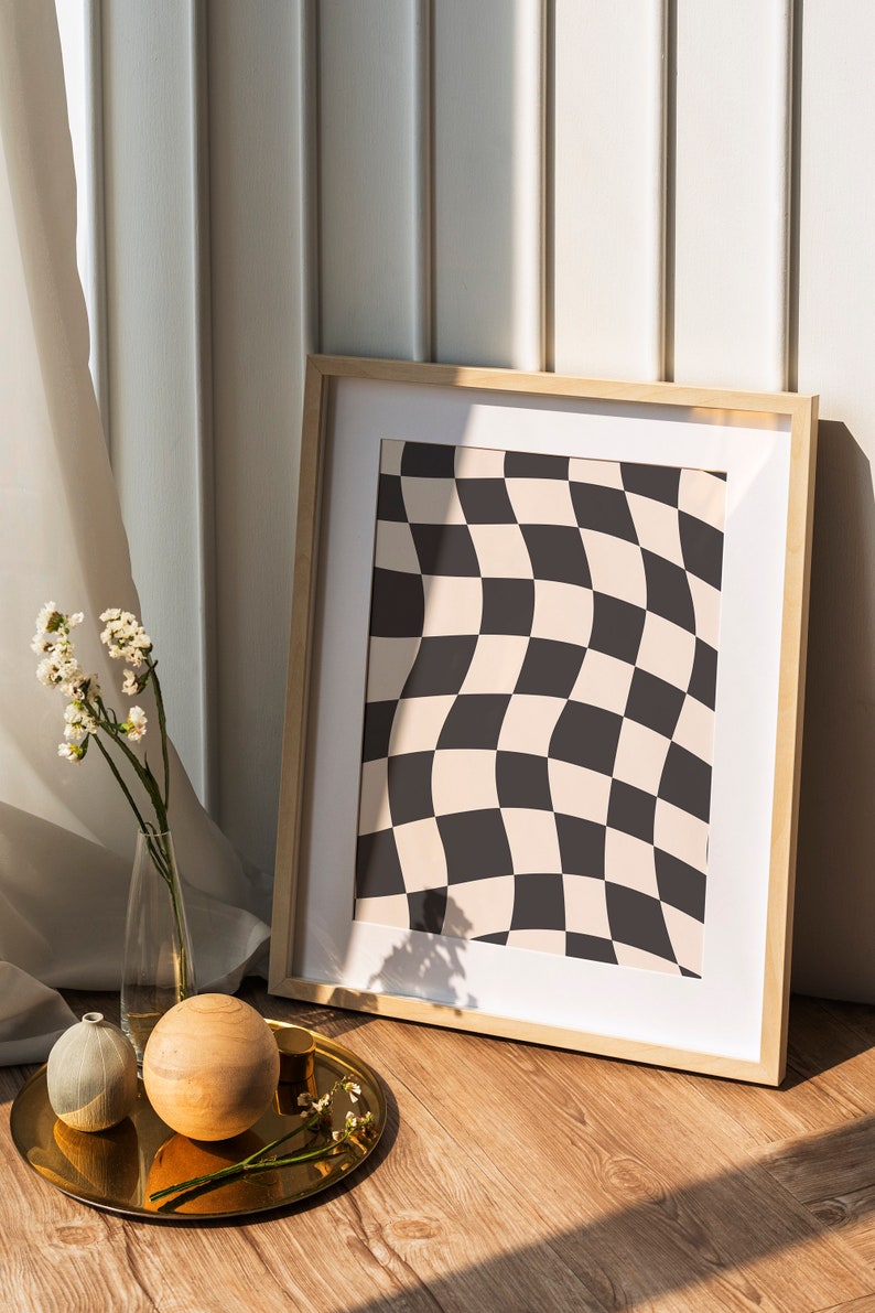 Checkered Print, Abstract Checked Poster, Wavy Print, Black White Print ...