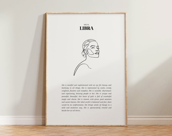 She Is Libra Print, Libra Print, Horoscope Zodiac Print, Astrology Print, Star Sign Wall Art, Libra Poster, Minimalist Libra Gift, Aesthetic