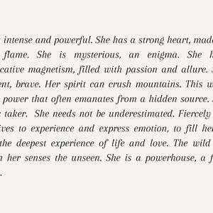 May include: A text-based inspirational quote about a strong, powerful, and passionate woman. The quote describes her as a risk-taker, fierce, and a powerhouse.