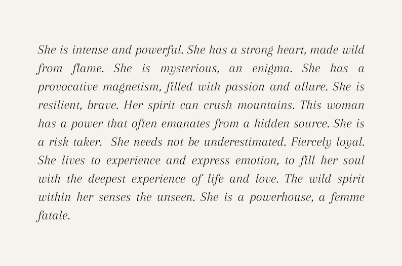 May include: A text-based inspirational quote about a strong, powerful, and passionate woman. The quote describes her as a risk-taker, fierce, and a powerhouse.