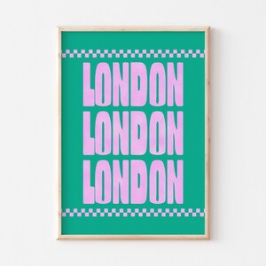 London Print, Travel Print, Typography Print, Retro Poster, Typographic Print, Cool Wall Art, Bold Poster, Checkered Print, Retro Style Art Light Green + Pink