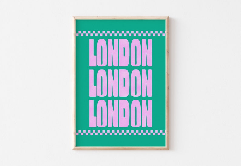London Print, Travel Print, Typography Print, Retro Poster, Typographic Print, Cool Wall Art, Bold Poster, Checkered Print, Retro Style Art Light Green + Pink