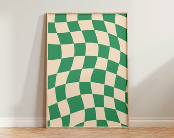 Checkered Print, Retro Green Checked Print, Wavy Print, Checkered Poster, Cool Wall Decor, Aesthetic Wall Print, Checked Poster, Retro Art