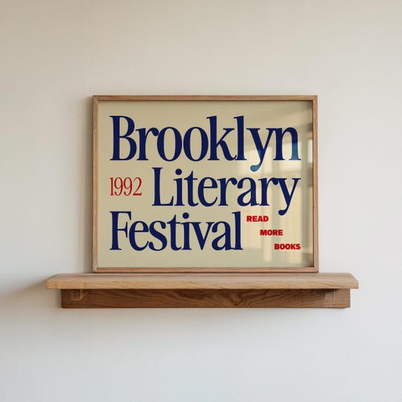 Retro Book Wall Art, Vintage Reading Print, Brooklyn Print, Mid Century Modern Wall Art, Vintage Literary Festival Wall Art, New York Print
