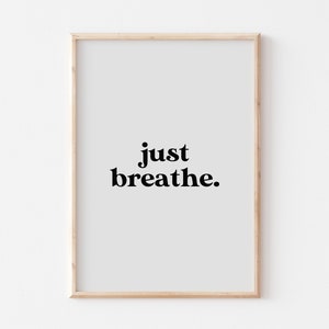 May include: A framed print with a white background and black text that reads "just breathe."