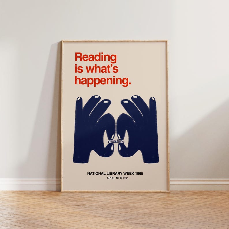 Retro Book Wall Art, Vintage Reading Print, Gift For Readers, Hand Drawn Illustration Wall Art, Reading Is What's Happening Print, Book Art Blue