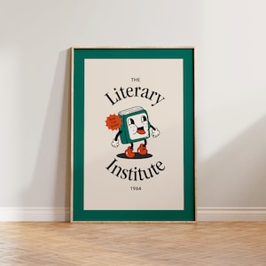 Retro Wandkunst, Bücher Druck, Vintage Lese Poster, Bibliothek Buch-Liebhaber Geschenk, Retro The Literary Institute Druck, Cartoon Beige Grün Art