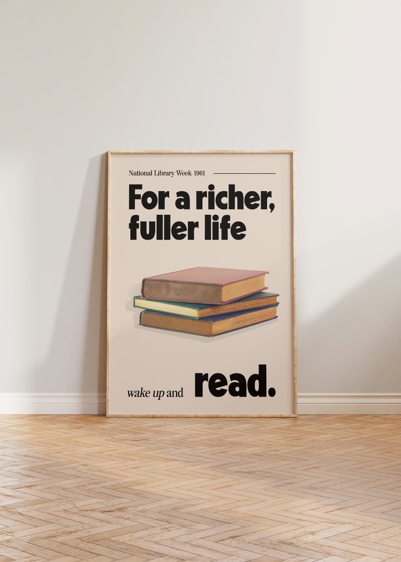 Vintage Print, Retro National Library Week Poster, Reading Wall Art, Book Print, 60s Advertising Poster, Library Room Wall Decor Beige Gift image 1