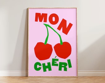 Mon Cheri Print, Kitchen Cherry Wall Art, Dining Room Prints, Pink Green Wall Decor, French Wall Art, Typography Print, Colourful Wall Print