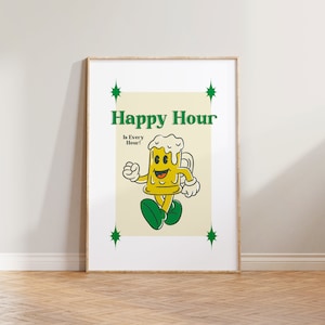 Retro Wall Art, Happy Hour Poster, Retro Print, Retro Wall Decor, Funny Quote Print, Retro Cartoon Art, Kitchen Wall Decor, Kitchen Print