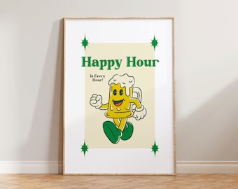 Retro Wall Art, Happy Hour Poster, Retro Print, Retro Wall Decor, Funny Quote Print, Retro Cartoon Art, Kitchen Wall Decor, Kitchen Print