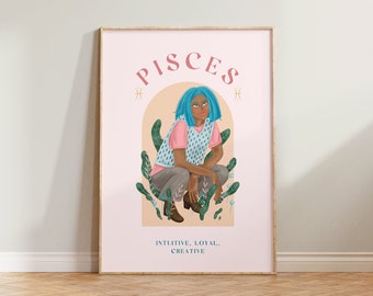 Pisces Print, Pisces Poster, Zodiac Print, Zodiac Gift, Astrology Print, Star Sign Wall Art, Pisces Zodiac Art, Pisces Gift For Her, Pink