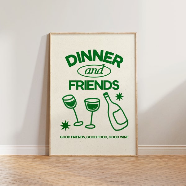 Kitchen Print, Retro Dinner And Friends Poster, Food Print, Hand Drawn Illustration Wall Art, Aesthetic Print, Kitchen Food & Drink Prints