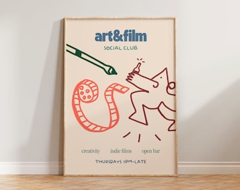 May include: A poster with a light peach background featuring a green paintbrush, a red film reel, and a brown stick figure holding a bottle with a star above it. The poster reads "art&film social club" and "creativity indie films open bar" with the text "THURSDAYS 7PM-LATE" at the bottom.