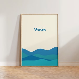 Waves Print Poster, Blue Ocean Print, Waves Poster, Retro Waves Typographic Print, Sea Poster, Surfer Gift, Surfer Art Print, Blue Waves Art
