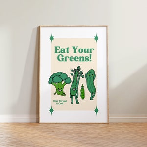 Retro Wall Art, Eat Your Greens Poster, Retro Print, Retro Wall Decor, Funny Quote Print, Retro Cartoon Art, Vegetable Kitchen Wall Decor