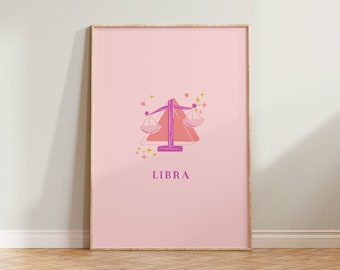 Libra Print, Libra Art Print, Horoscope Zodiac Print, Zodiac Gift, Astrology Poster, Libra Star Sign Wall Art, Pink Libra Print, Libra Gift