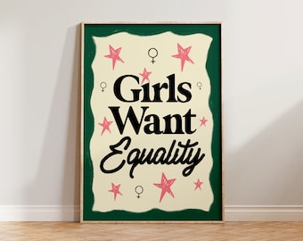 Feminist Print, Retro Wall Art, Feminism Poster, Girls Want Equality, Gift For Her, Mid Century Print, Empowerment Wall Decor, Pink Green