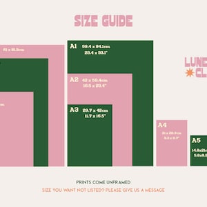 May include: A size guide graphic with pink and green rectangles displaying print dimensions. Sizes include 24x32 inches (61 x 81.3cm), 20x28 inches (50 x 70cm), and 16x20 inches (40.7 x 50.8cm). The graphic also shows A1, A2, A3, A4, A5, and A6 sizes.
