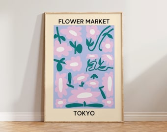 Print bloemenmarkt poster, bloemenmarkt Tokio print, esthetische bloemenprint, bloemenmarkt poster, kunst aan de muur huisdecoratie, roze madeliefje print