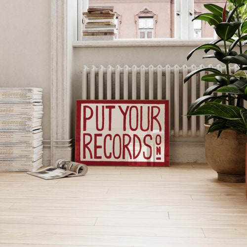 Retro Wall Art Print, Mid Century Modern Wall Art, Red Put Your Records Hand Painted Print, Music Prints, Landscape Retro Music Wall Art