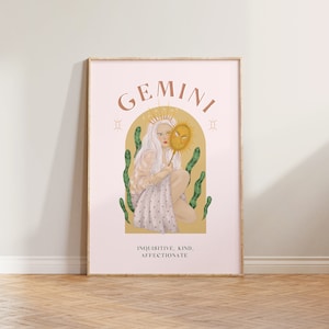 Impresión de Géminis, póster de Géminis, impresión del zodíaco, regalo del zodíaco, impresión de astrología, arte de pared con signo estelar, arte del zodíaco de Géminis, regalo de Géminis para ella, rosa