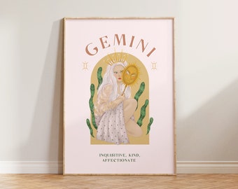 Gemini Print, Gemini Poster, Zodiac Print, Zodiac Gift, Astrology Print, Star Sign Wall Art, Gemini Zodiac Art, Gemini Gift For Her, Pink