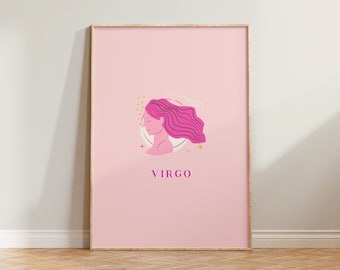 Virgo Print, Virgo Poster,  Zodiac Print, Zodiac Gift, Astrology Print, Star Sign Wall Art Poster, Pink Print, Virgo Gift For Her, Pink Art