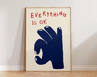 Retro Office Wall Art Poster, Retro Wall Art, Hand Drawn Doodle Everything Is Ok Print, Cool Living Room Print, Aesthetic Office Prints