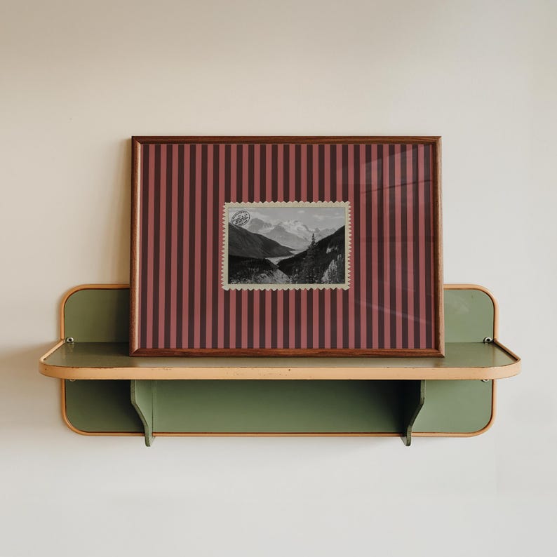 Retro randig väggkonst, vintage Kanada-tryck, randigt tryck, väggkonst i mitten av århundradet modern, väggkonst i vintagevykort, retro Banff-väggkonst Rosa