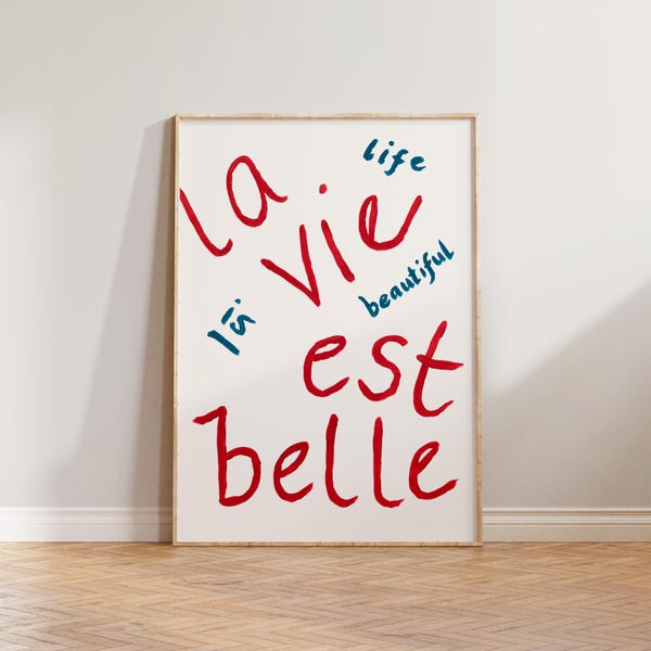 Bedroom Wall Art Print, French Poster, Life Is Beautiful La Vie Eat Belle, Blue Red Wall Art, Hand Painted Kitchen Print, Bedroom Wall Decor