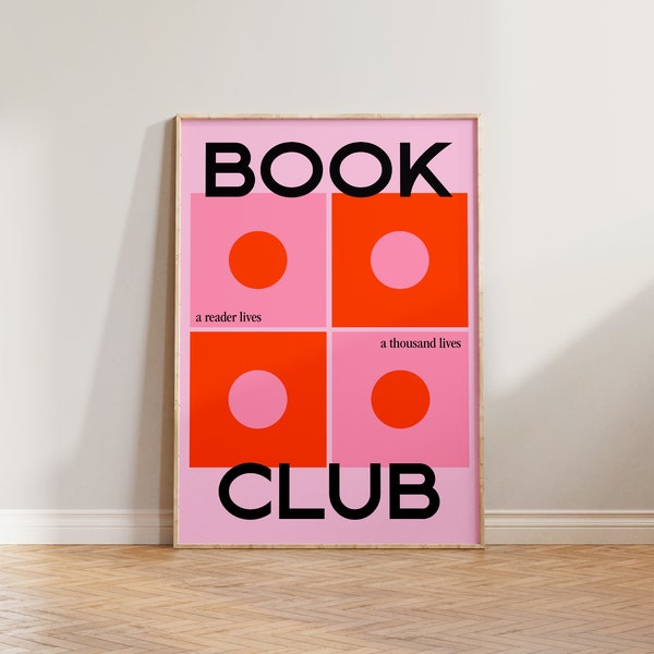 Retro Wall Art, Book Prints, Book Club Reading Poster, Pink Neutral Living Room Wall Art, Book Lovers Gift, Retro Readers Print, Colourful