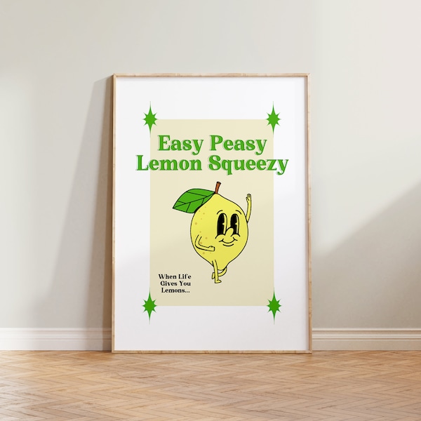 Retro Wall Art, Easy Peasy Lemon Squeezy Poster, Retro Print, Retro Wall Decor, Funny Quote Print, Retro Cartoon Art, Kitchen Wall Decor