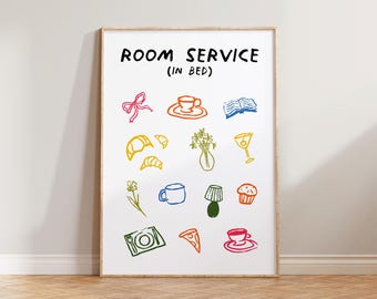 Wydruk do sypialni, plakat na ścianę do sypialni, obsługa pokoju w łóżku, urocze ilustracje, ręcznie rysowana sztuka ścienna, sztuka ścienna na łóżku, wydruk na ścianę z kokardą