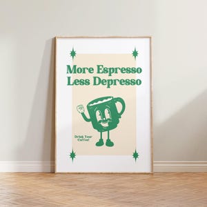 Arte de pared retro, póster "Más espresso, menos depresso", impresión retro, decoración de pared retro, impresión de cita divertida, arte de dibujos animados retro, decoración de pared de cocina