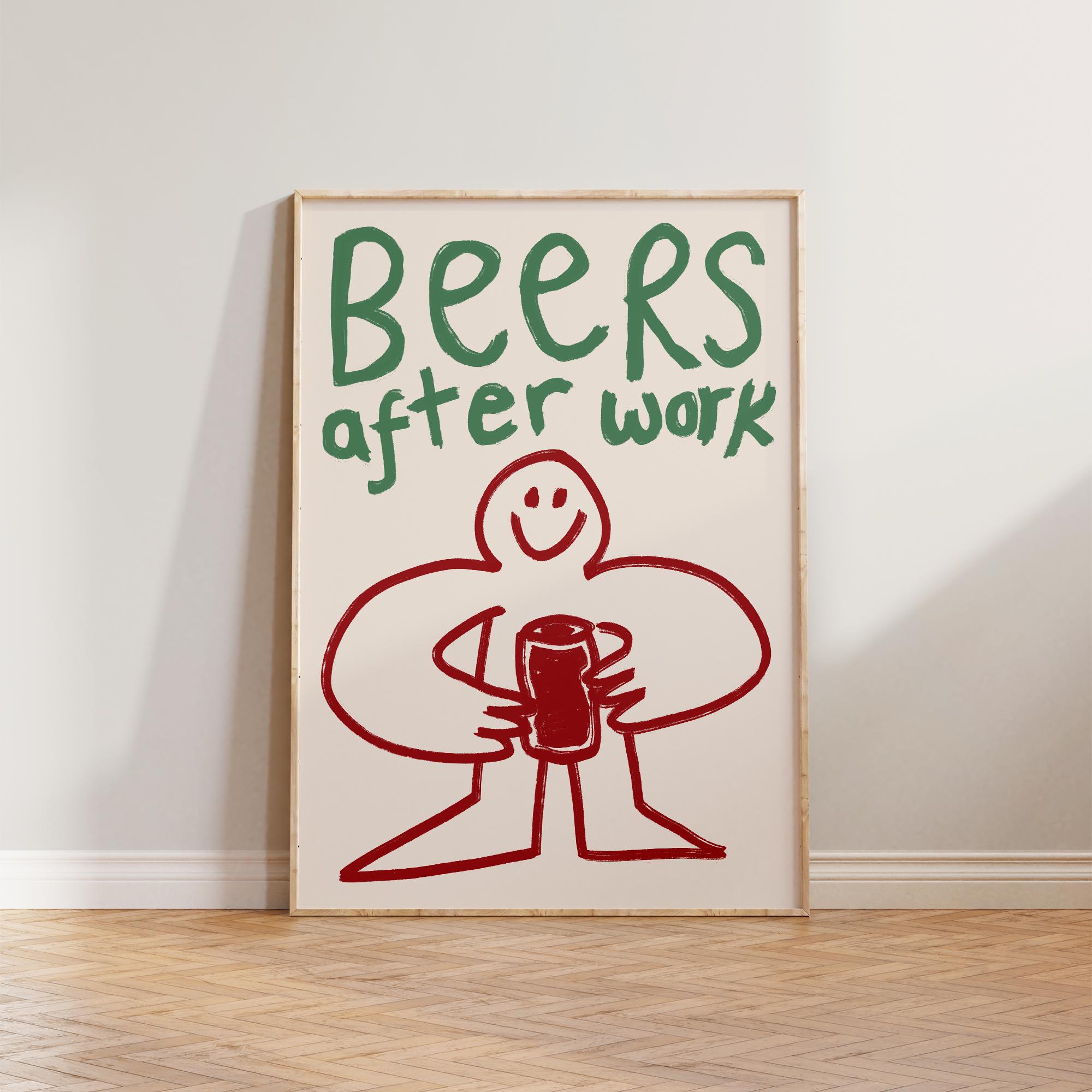 Office Print Wall Art, Beer Illustration Kitchen Wall Art, Beers After Work Poster, Man Cave Print Wall Decor, Hand Drawn Doodle Prints