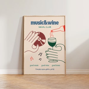 Kitchen Print, Music & Wine Illustration Wall Art, Music Poster, Wine Print Wall Decor, Hand Drawn Kitchen Prints, Retro Social Club Poster