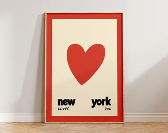 Retro New York Wall Art, Mid Century Modern Print, Bedroom Prints, New York Loves You Print, Vintage Style Print, Retro NYC Heart Poster