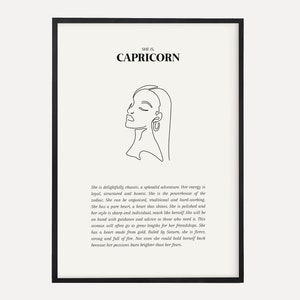May include: Black and white line art illustration of a woman's face with the text "SHE IS CAPRICORN" and a description of the Capricorn zodiac sign.