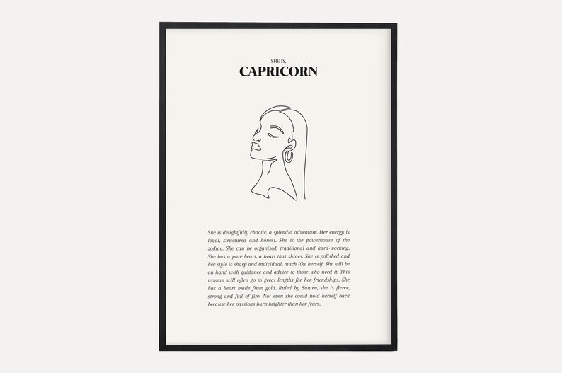 May include: Black and white line art illustration of a woman's face with the text "SHE IS CAPRICORN" and a description of the Capricorn zodiac sign.