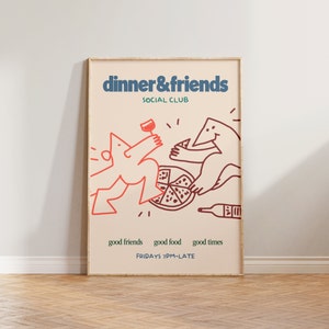 Kitchen Print, Food Poster, Hand Drawn Illustration Wall Art, Dinner And Friends Social Club Print, Aesthetic Print, Food & Drink Prints