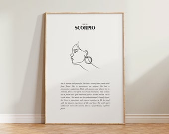 May include: A black and white line drawing of a woman's face with a large earring. The text "She is Scorpio" is written in black at the top of the image.