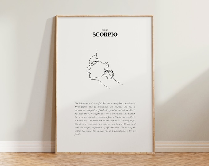 She Is Scorpio Print, Scorpio Print, Horoscope Zodiac Print, Astrology Print, Star Sign Wall Art, Scorpio Poster, Minimalist Scorpio Gift