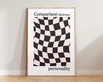 Checkered Print, Comparison Destroys Personality Print, Abstract Checked Poster, Wavy Print, Black White Print, Quote Poster, Checked Print