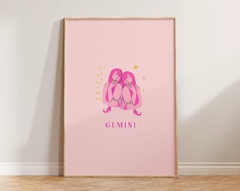 Gemini Print, Gemini Poster, Zodiac Print, Gemini Zodiac Gift, Astrology Print, Astrology Wall Art, Twins Zodiac, Pink Print, Gemini Art