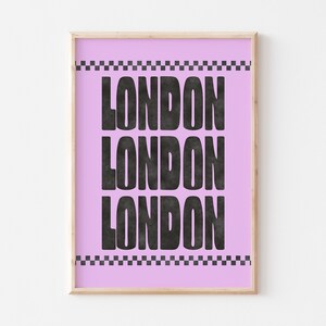 London Print, Travel Print, Typography Print, Retro Poster, Typographic Print, Cool Wall Art, Bold Poster, Checkered Print, Retro Style Art Purple