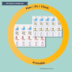 May include: Printable visual aid cards for teaching the Plan, Do, Check cycle. The cards feature illustrations of a goal, a pencil, a person working, and a checklist. The cards are designed for use in classrooms or therapy sessions.